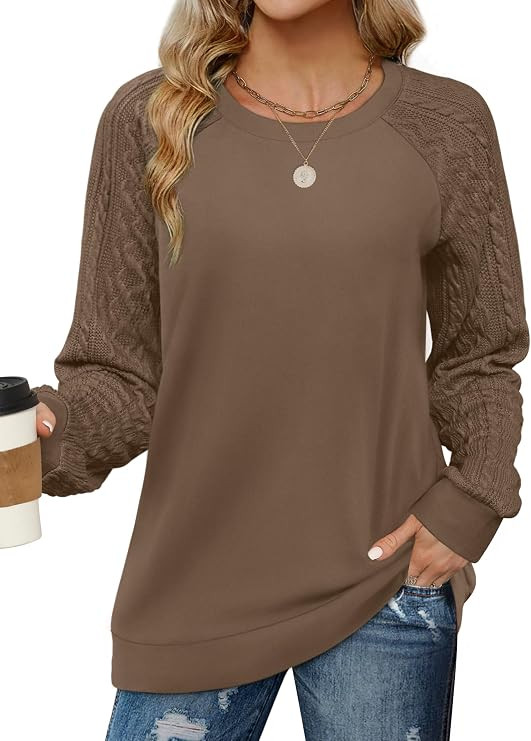 Saloogoe Sweatshirts for Women Crewneck Cable Knit Sleeve Sweaters Lightweight Fashion 2025 | Amazon (US)