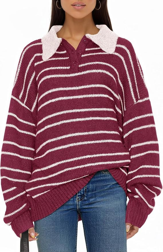 Saodimallsu Womens Striped Swaters Button Collared Polo Shirts Oversized Long Sleeve Chunky Knit ... | Amazon (US)