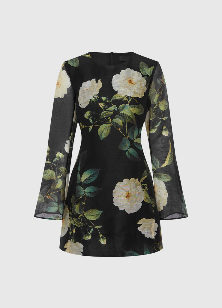 Suzanne Bell Sleeve Mini Dress - White Rose Print | LEO LIN