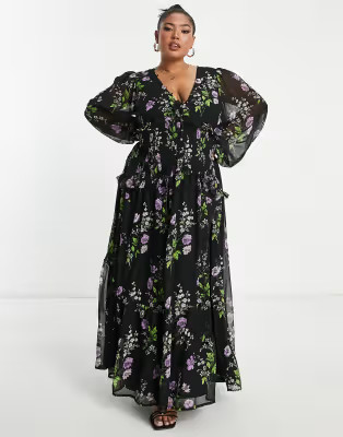 ASOS DESIGN Curve button up pintuck maxi dress in black floral print | ASOS (Global)