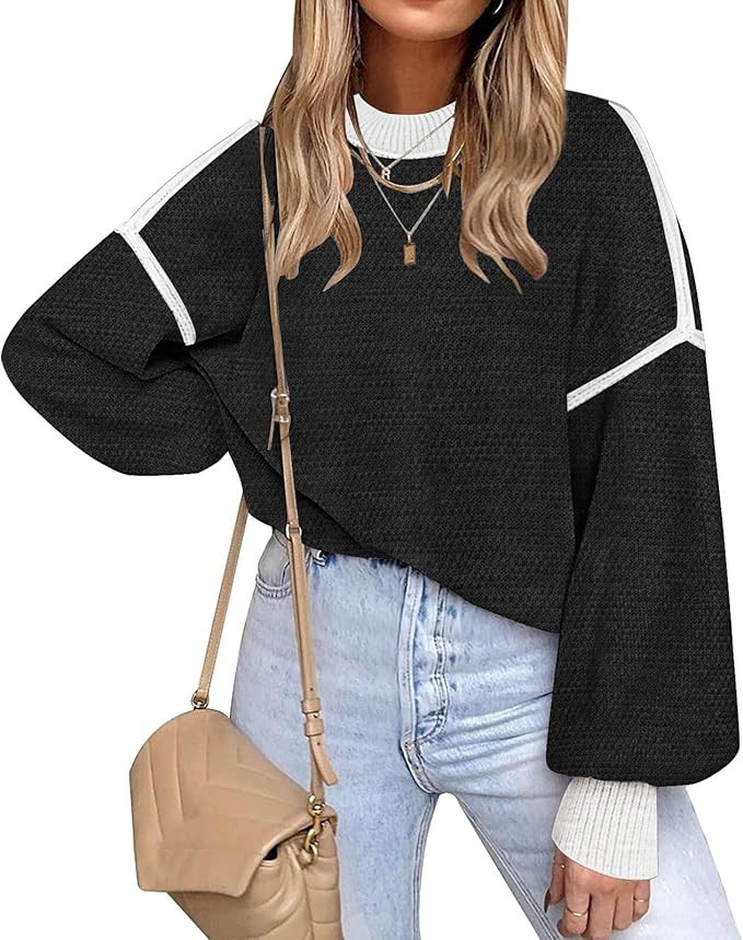 Fall Clothes for Women 2025 Trendy Fashion Oversized Sweaters Color Block Long Sleeve Knited Pull... | Amazon (US)