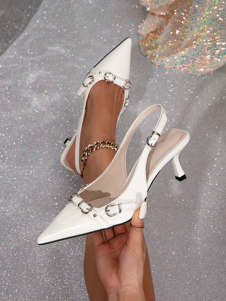 European And American Style Pointed Stiletto Heels For Women. With Narrow Straps, Mushroom Studde... | SHEIN