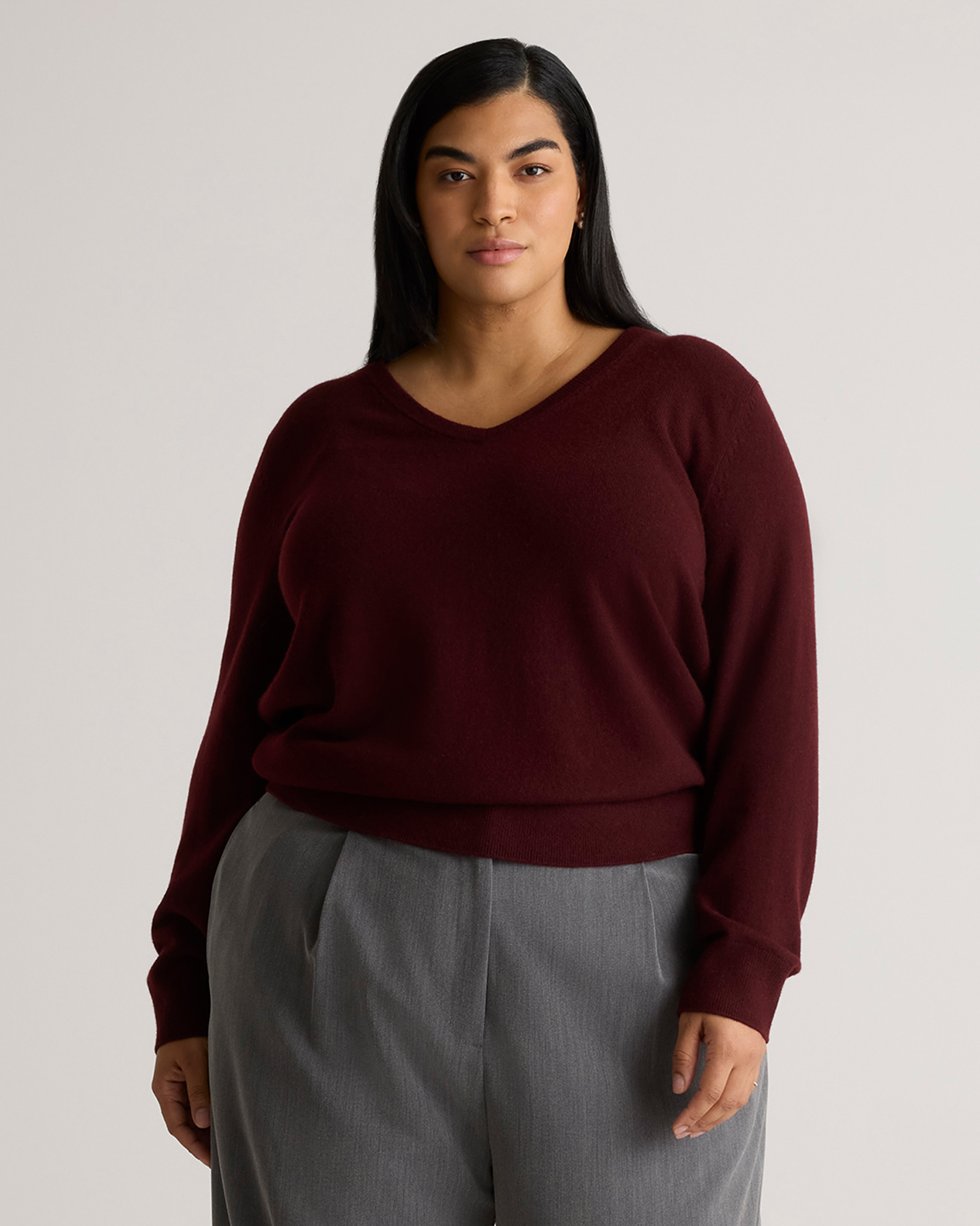 Quince | Women's Mongolian Cashmere V-Neck Sweater in Rich Burgundy, Size 1X | Quince