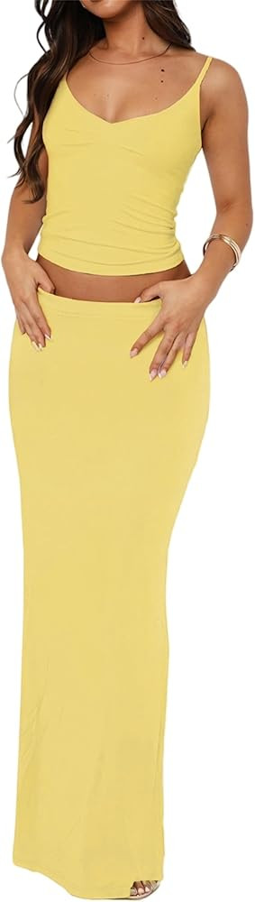 Two Piece Skirt Set for Women - Sexy Sleeveless Spaghetti Strap Pleated Tank Top Maxi Long Skirts... | Amazon (US)