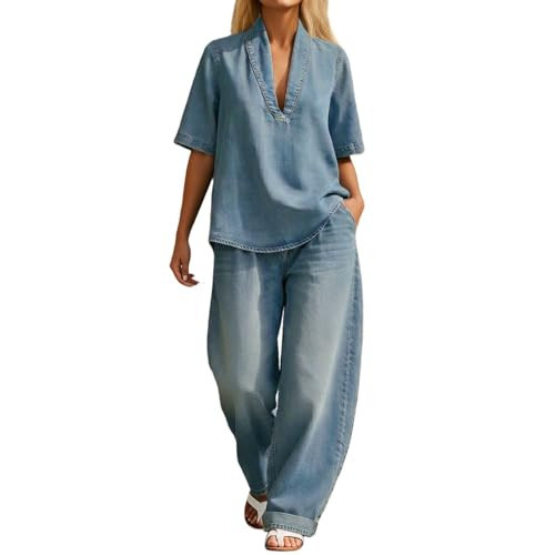 Women Two Piece Outfits Sets,Summer Sets Women 2 Piece Outfits Baggy Denim Set Halter Neck Top Matching High Waisted Wide Leg Pants 2piece Jean Outfit(Light Blue,3X-Large) | Amazon (US)