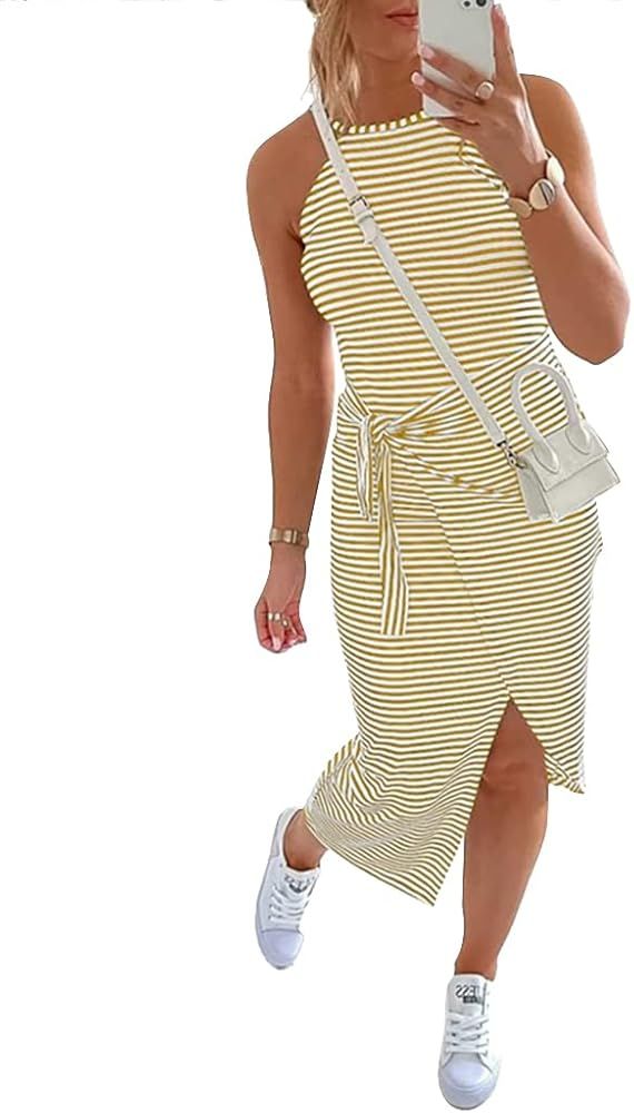 Hoefirm Womens Casual Sleeveless Striped Tank Halter Neck Bodycon Midi Dress Ruched Tie Waist Summer | Amazon (US)