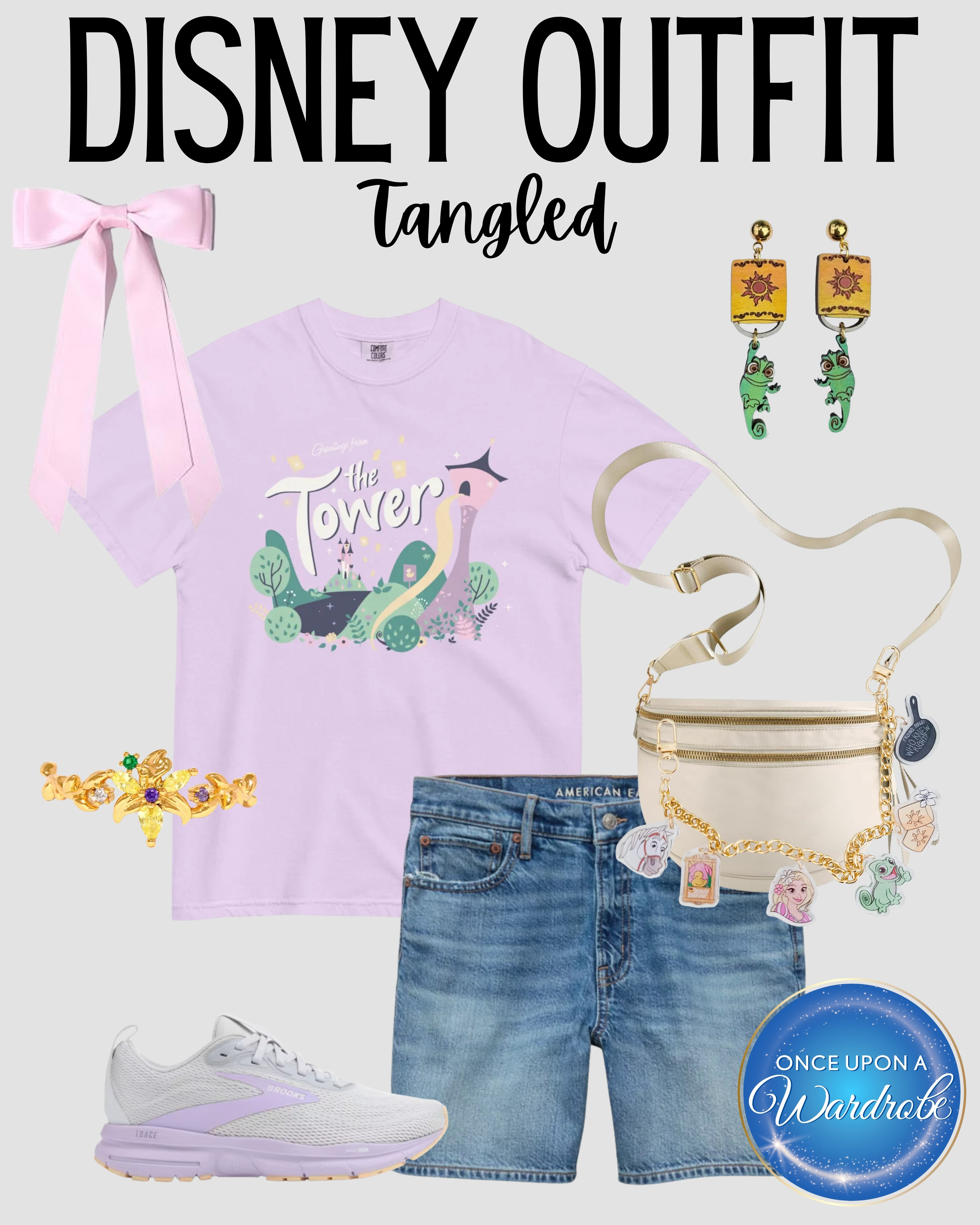 A Tangled-inspired Disney outfit for women with the sweetest Rapunzel details! This casual Disney park outfit is perfect for Magic Kingdom, a Disney vacation, character meets, or a comfy park day with a little extra magic. The lavender tee, denim shorts, walking shoes, bow, themed earrings, and charm bag make this an easy women’s Disney outfit idea that still feels cute and practical. 

 #LTKootd #LTKmomlife #LTKTravel