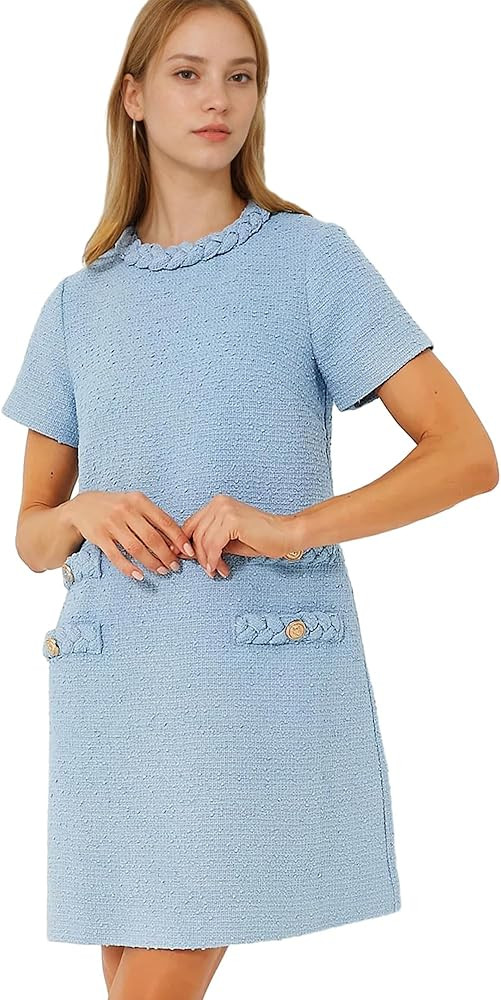 Hixiaohe Womens Elegant Tweed Dress Short Sleeve Crew Neck A-line Bodycon Mini Skirt Party Busine... | Amazon (US)