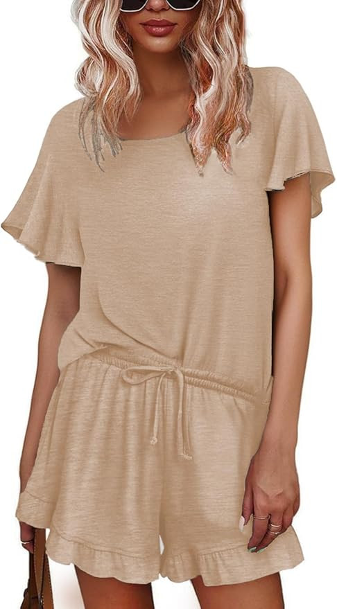 Ekouaer Womens Pajama Sets Shorts Ruffle Pajamas Set Soft Summer Pj Set 2 Piece Loungewear Short ... | Amazon (US)