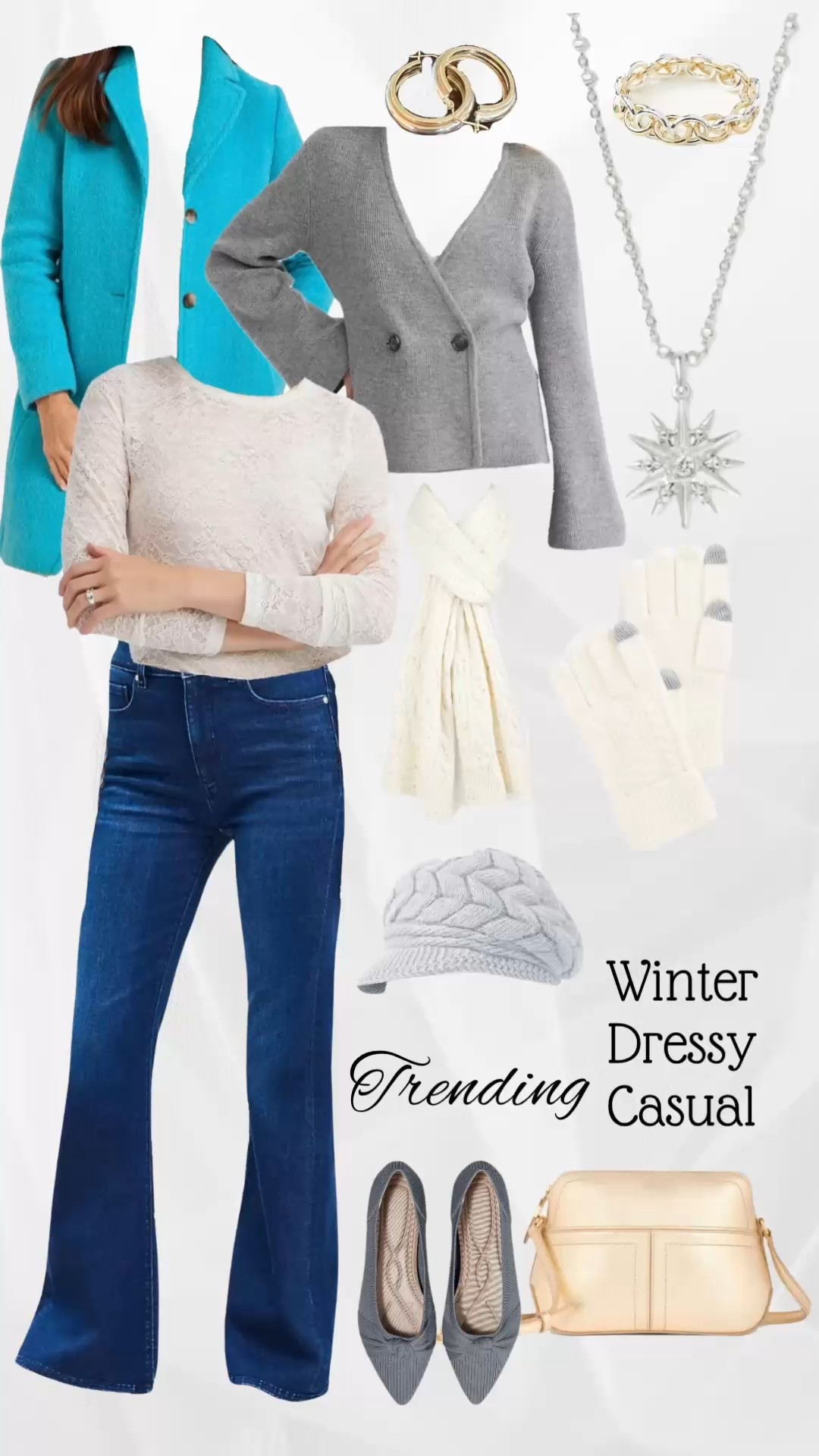 Wear this outfit on a dinner date, to an office party, to Christmas Eve, to Hanukkah dinner. I wore this outfit last night to a family dinner and received so many compliments.

The pieces are neutral and can be worn so many different ways with everything in your wardrobe. I added my turquoise coat for a pop of color when walking around town looking at Christmas lights.

The sweater blazer is so soft! I bought it in an average because I like the length of the sleeves. The lace top is very soft, but very see-through so be sure to wear a camisole underneath it if you grab this. Lace is very popular this year. This top is the perfect mix between dressy and casual. With the sweater blazer over it, it elevates the look. Wear it alone tucked in with a nice belt and a pair of boots to keep it casual. 

I can’t say enough about the hat. It is warm, face flattering, and I love that it comes in a set of two with Different colors to choose from.

I’ve worn these shoes so many times they’ve almost bumped my cream flats out of the number one spot 😂 

Don’t forget to mix your gold and silver accessories  to add in interest.
#ltkstyletip ##holidayoutfit #wintercoat 



#LTKgrwm #LTKootd #LTKHoliday