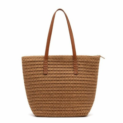 Alilang Woven Straw Tote Bag with Leather Shoulder Straps Lightweight Crochet Knit Large Capacity Bag, Khaki | Target