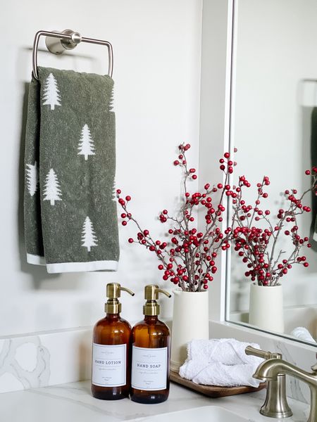 Holiday bathroom with festive touches! Pottery barn handtowels are reversible. and these glass amber bottles for soap and lotion are so pretty!

Bathroom decor

#LTKSeasonal #LTKHoliday #LTKhome