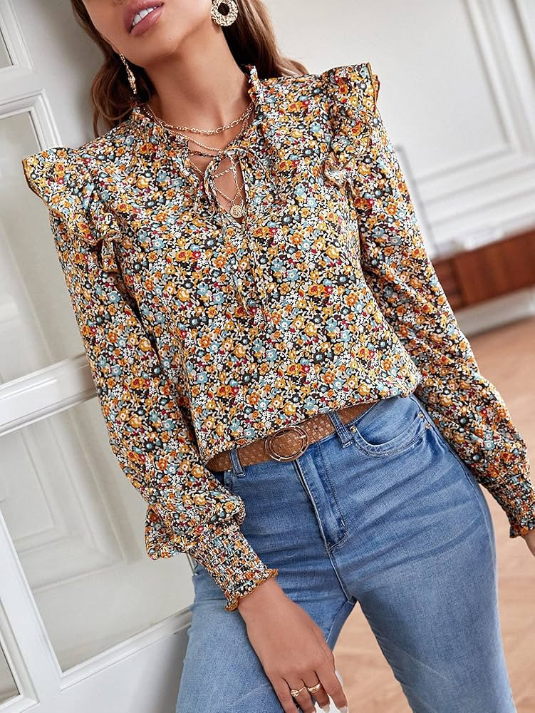 LUBOSE Women's Tops Women's Shirts Sexy Tops for Women Ditsy Floral Print Tie Neck Blouse (Color : Multicolor, Size : Small) | Amazon (US)