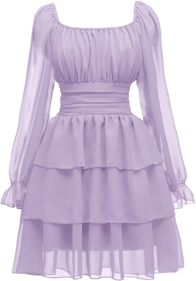 OBBUE Women's Summer Dress Tie Back Square Neck Aline Long Sleeve Layered Swing Mini Dresses | Amazon (US)