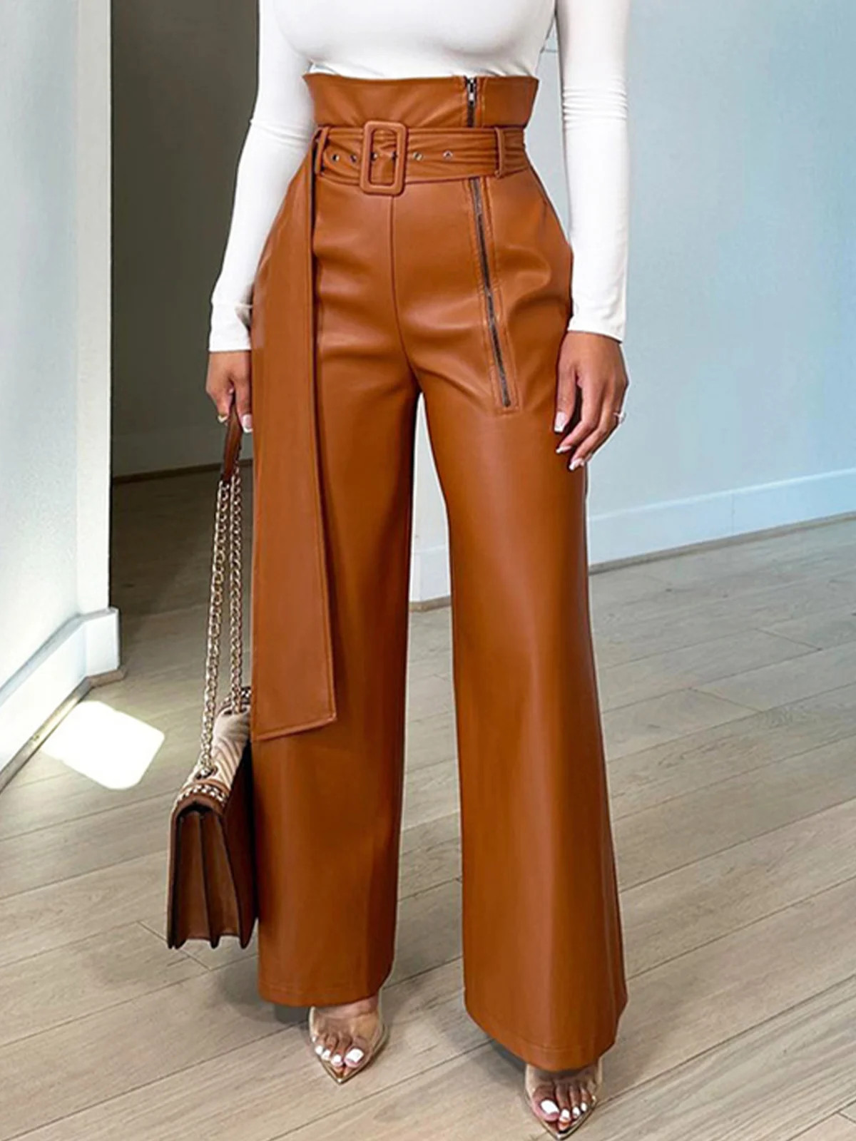 Plus Size Urban High Waist Plain Leather Pants With Belt | Stylewe
