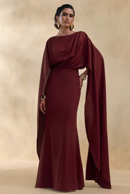 Pristina | Burgundy Boat-Neck Woven Maxi Dress With Cape Detail | Club L London