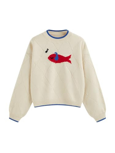 CIDER Knit Round Neckline Fish Graphic Contrasting Binding Oversized Top: Cream, S at Amazon Wome... | Amazon (US)