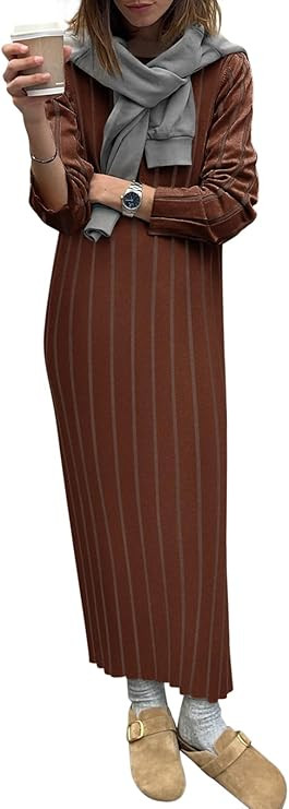 Yousify Womens 2025 Trendy Spring Long Sleeve Sweater Dresses Casual Round Neck Split Hem Striped... | Amazon (US)