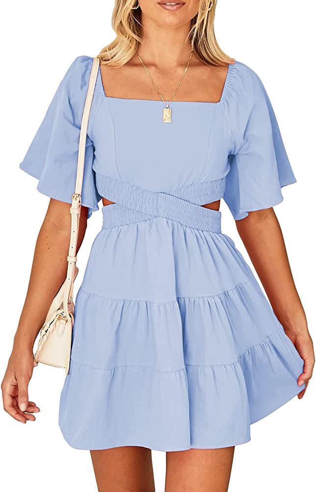 EXLBES Womens Mini Square Neck Cross Waist Dress Short Sleeve Backless Casual Dresses Cute Dresses | Amazon (US)