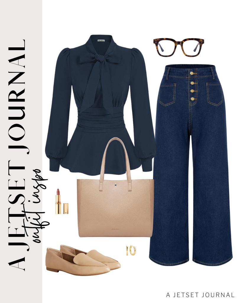 Meeting someone in a fancy place? You can wear this classy top from GRACE KARIN and pair it with flare jeans. I love how this work tote bag and pair of loafers go well with this outfit, too. 

 #LTKSeasonal #LTKSaleAlert #LTKTravel