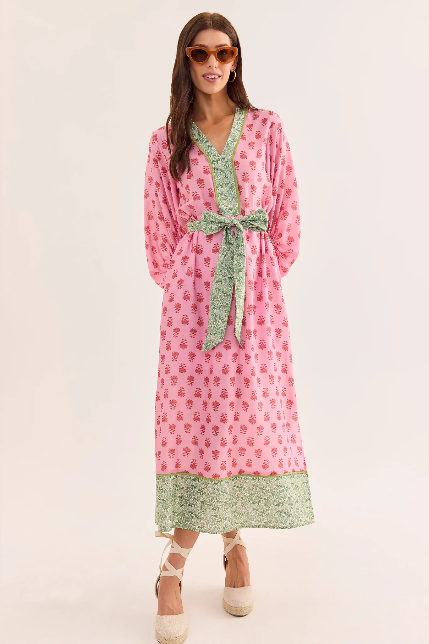 Tessa Pink Printed Tie Waist Midi Dress | Avara