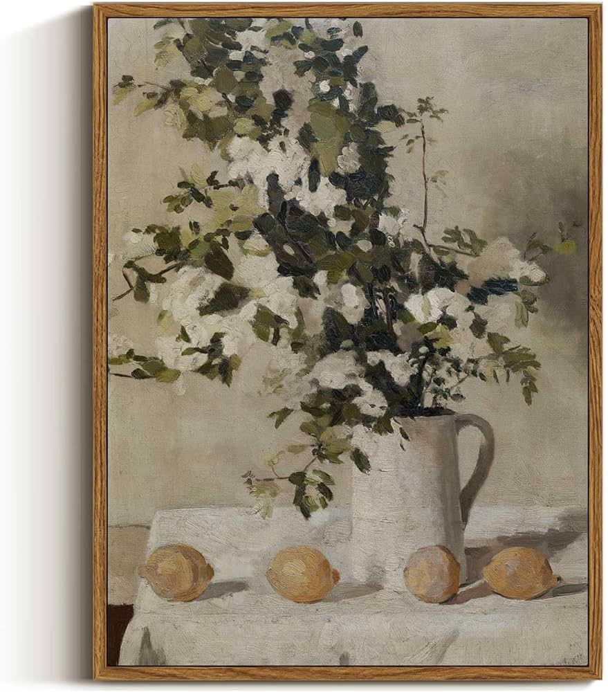 VIYYIEA Floral Framed Wall Art, Flowers and Lemons Vintage Art Decor Room Aesthetic, 12x16 Inch Canvas Print Art, Farmhouse Still Life Painting Wall Decor for Bedroom Bathroom Office | Amazon (US)