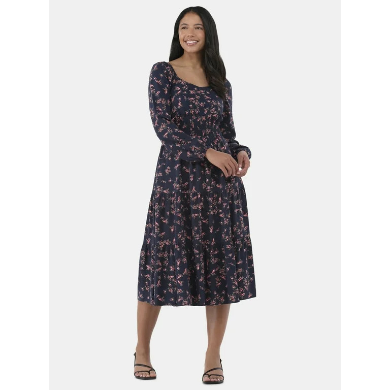 Time and Tru Women's Sweetheart Midi Dress with Long Sleeves, Sizes XS-XXXL | Walmart (US)