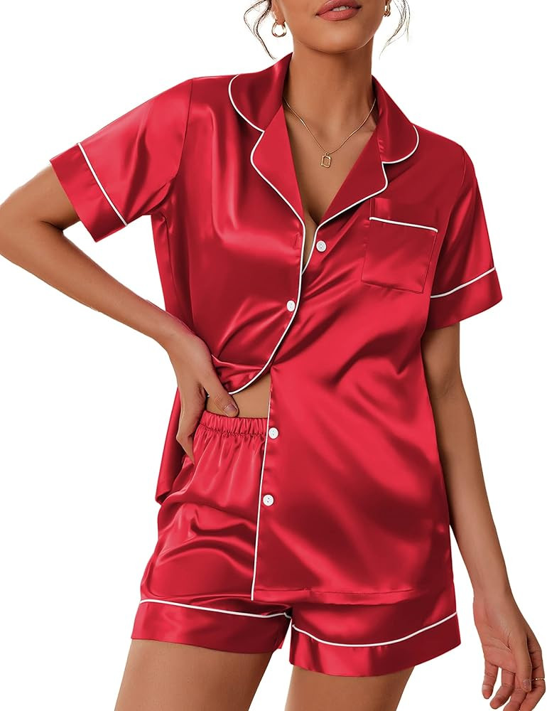 Ekouaer Satin Pajamas Women's Short Sleeve Sleepwear Soft Silk Button Down Loungewear Pjs Shorts ... | Amazon (US)