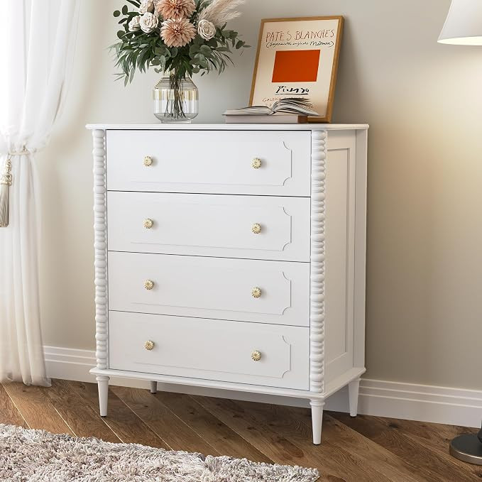 White Dresser for Bedroom with 4 Drawer, 37" Tall Chest of Drawers with Turned Legs and Ceramic K... | Amazon (US)