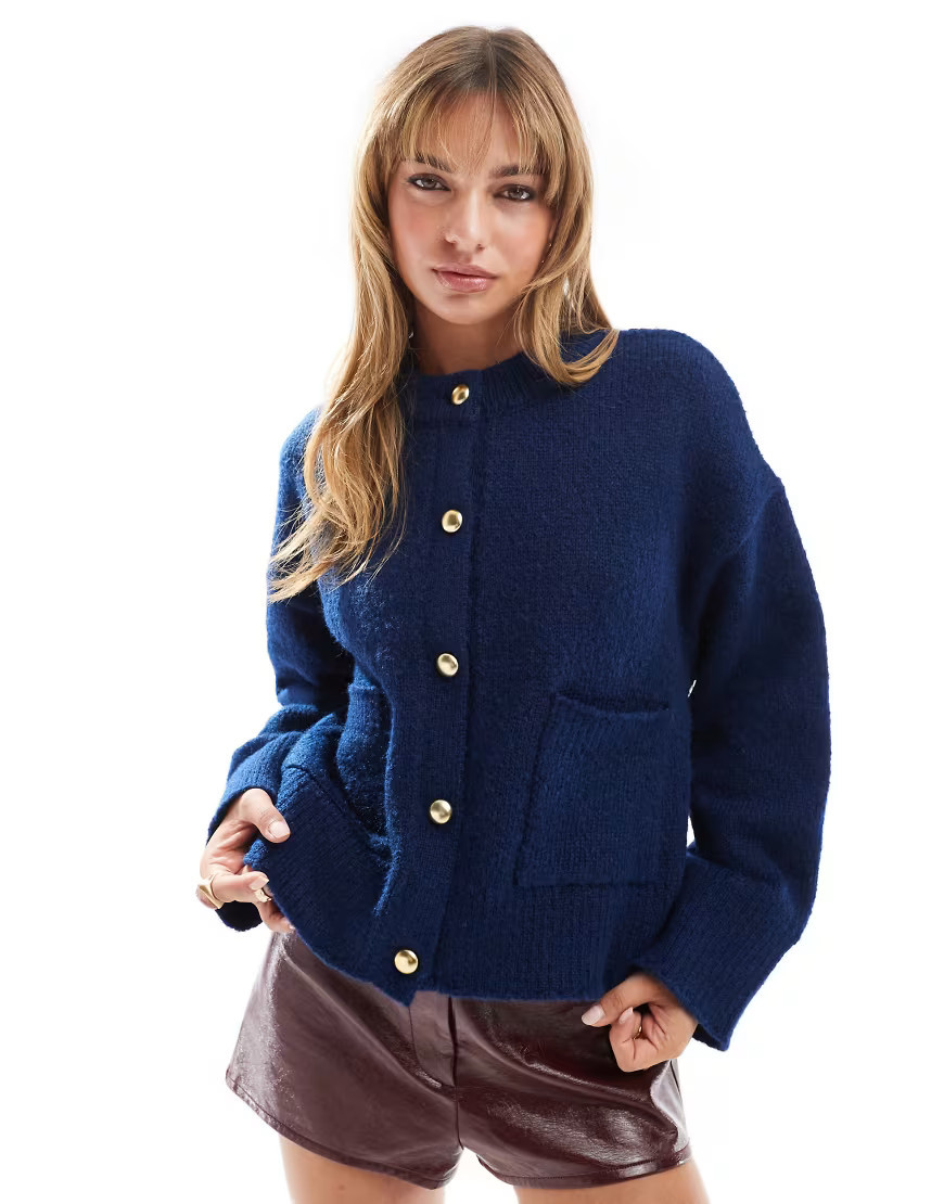 ASOS DESIGN crew neck cardigan with pockets in navy | ASOS (Global)