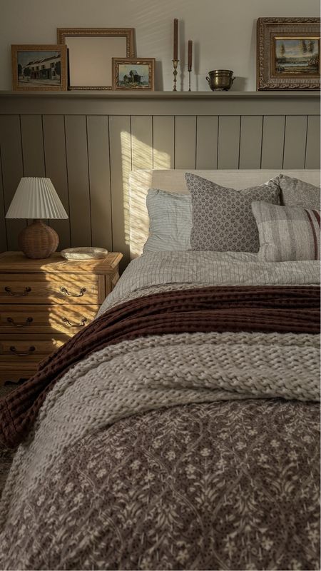 Wicker pleated shade lamp, slipcovered bed, linen bedding, bed blanket, block print pillow cover

#LTKhome