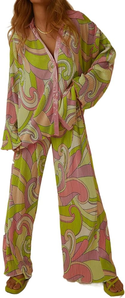 NUFIWI Women Y2K 2 Piece Pants Set Oversized Floral Printed Button Down Shirt High Waist Pants Ou... | Amazon (US)