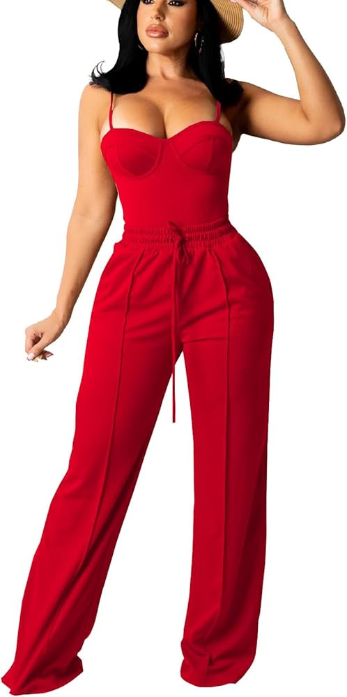 Bluewolfsea Women Sexy 2 Piece Outfits Jumpsuit Summer Sleeveless Cami Crop Top Wide Leg Long Pan... | Amazon (US)