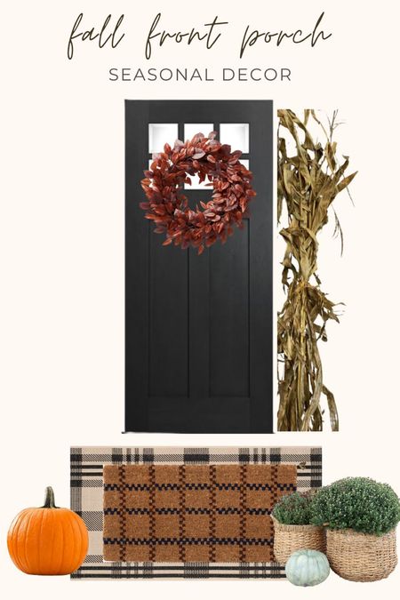 Fall front porch inspo, dried cornstalks for Halloween decor, layered doormats, plaid doormats, fall wreath, woven planters, basket planters 

#LTKSeasonal #LTKhome #LTKHalloween