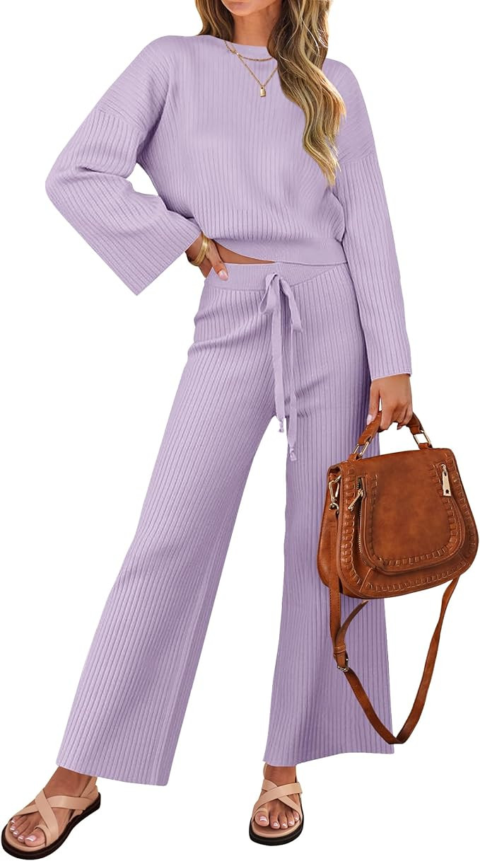 ZESICA Women's 2 Piece Outfits Set 2024 Casual Long Sleeve Knit Pullover Top and Wide Leg Pants S... | Amazon (US)