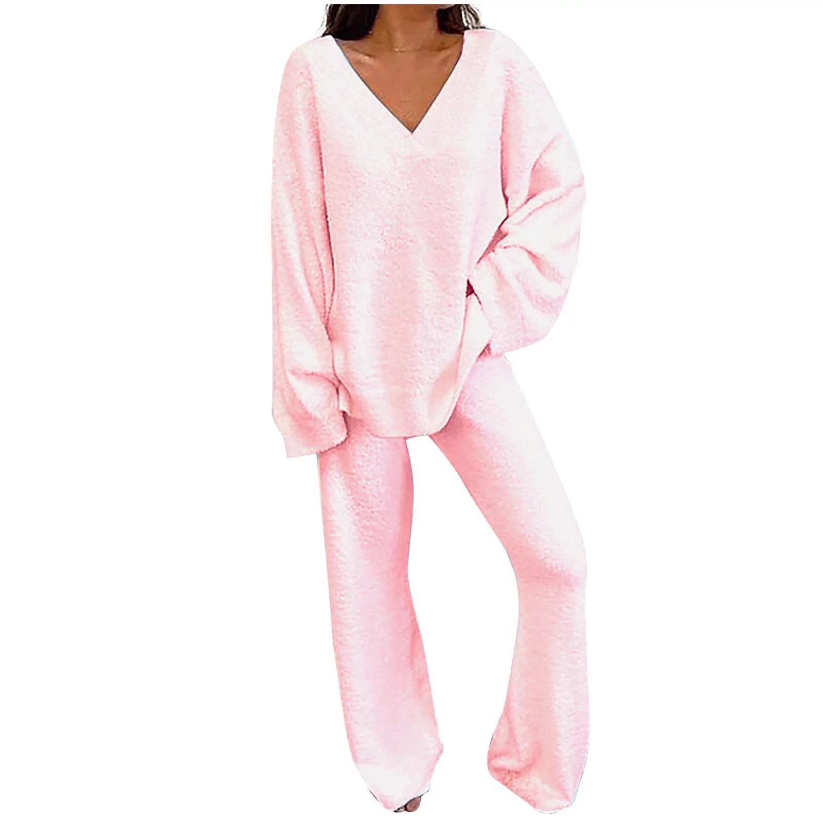 Women's Pajamas Sets Warm Winter Plush Cozy V Neck Long Sleeve Tops and Pants 2 Piece Outfits Fuz... | Walmart (US)
