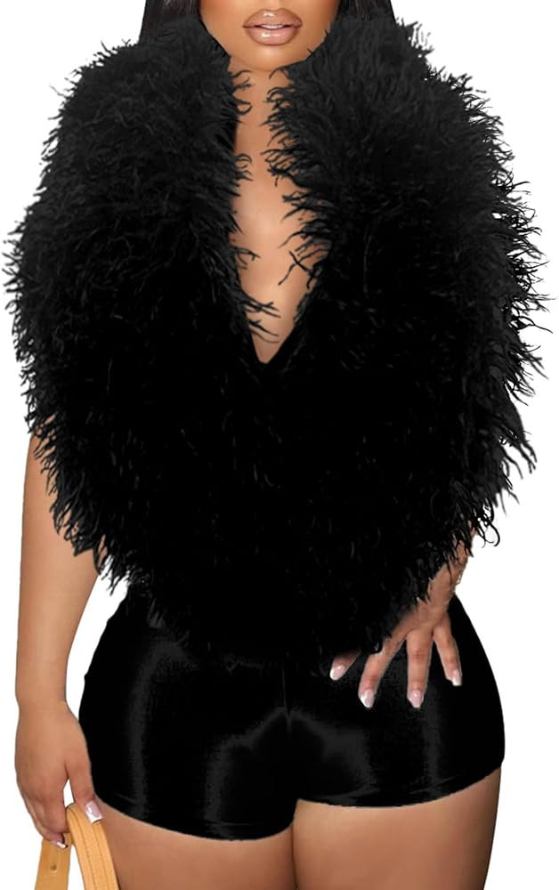 Tbahhir Womens Halter Backless Jumpsuits Sexy V Neck Feather Bodysuits Sleeveless Shorts Romper C... | Amazon (US)