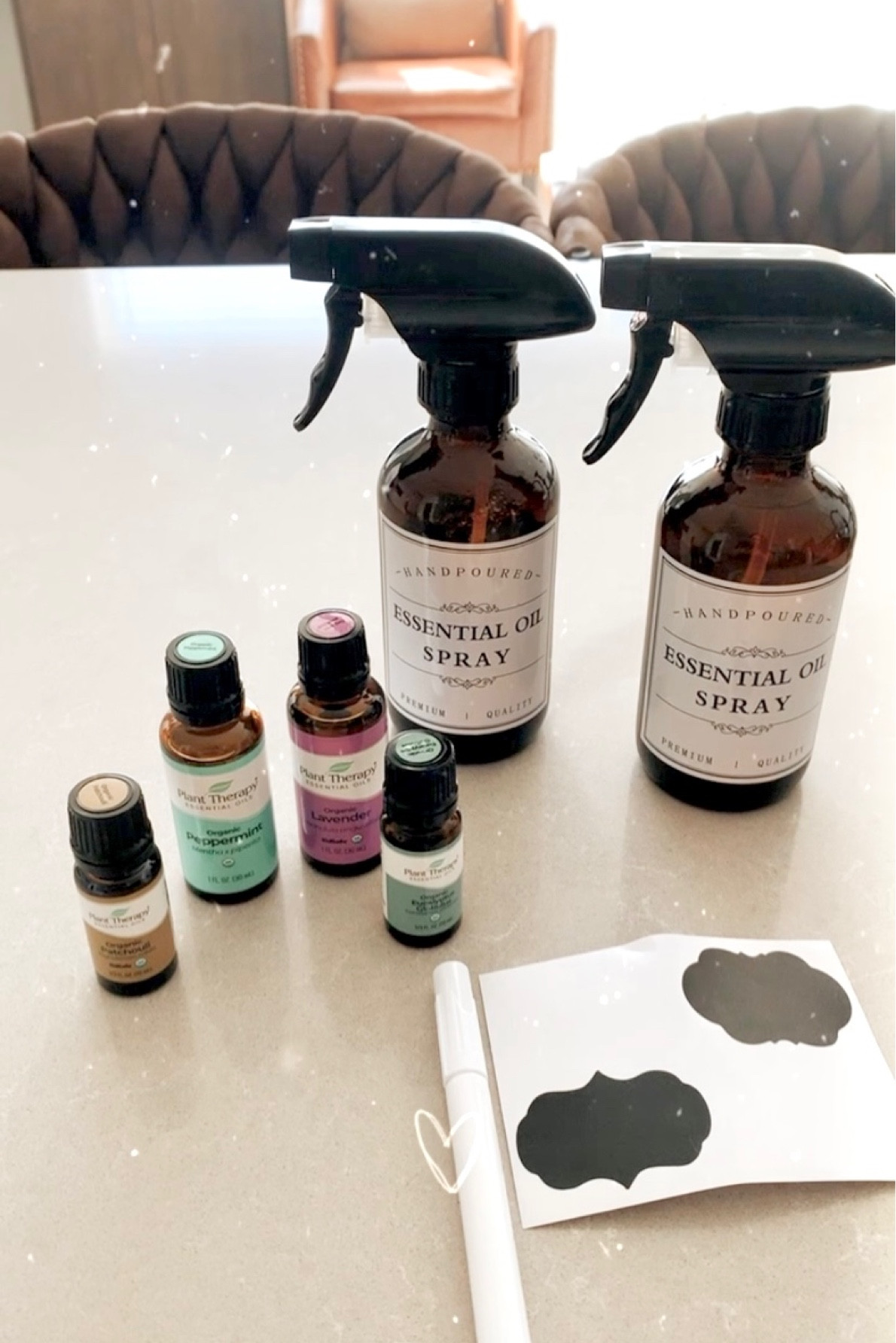 Homemade Essential Oil Room/Fabric Spray supplies.
The labels on the front of my bottles came with another bottle set, but I linked another customizable label company that I purchase from and love. 

#LTKhome #LTKSeasonal #LTKfamily