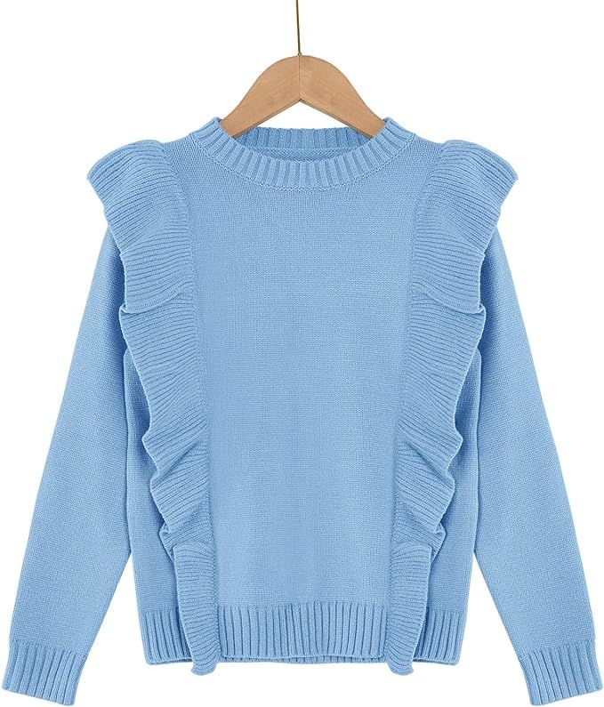 Teurkia Girls Fuzzy Sweaters Kids Cute Ruffle Draped Long Sleeve Knit Tops | Amazon (US)