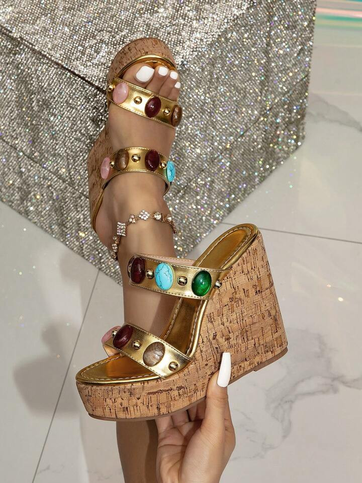 Women Wedge High-Heeled Sandals, Colored Buckle Decoration With Super High Heels | SHEIN