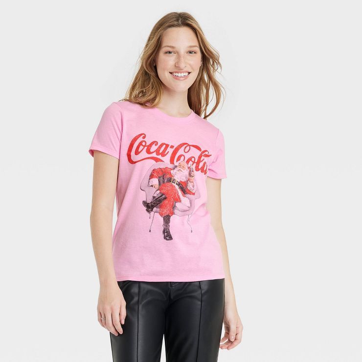 Women&#39;s Coca-Cola Santa Short Sleeve Graphic T-Shirt - Pink M | Target