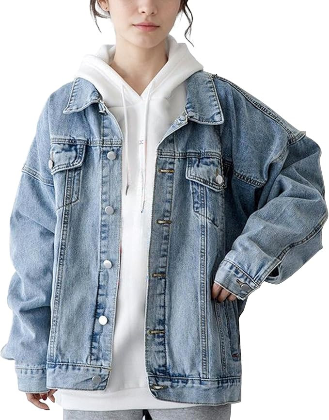 Hixiaohe Oversized Jean Jacket Women Fashion Long Sleeve Button Down Denim Jacket Loose Boyfriend... | Amazon (US)
