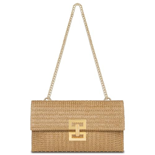 Liadreem Straw Clutch Purse for Women Designer Evening Handbag Summer Beach Shoulder Crossbody Bag, Chain Khaki | Amazon (US)