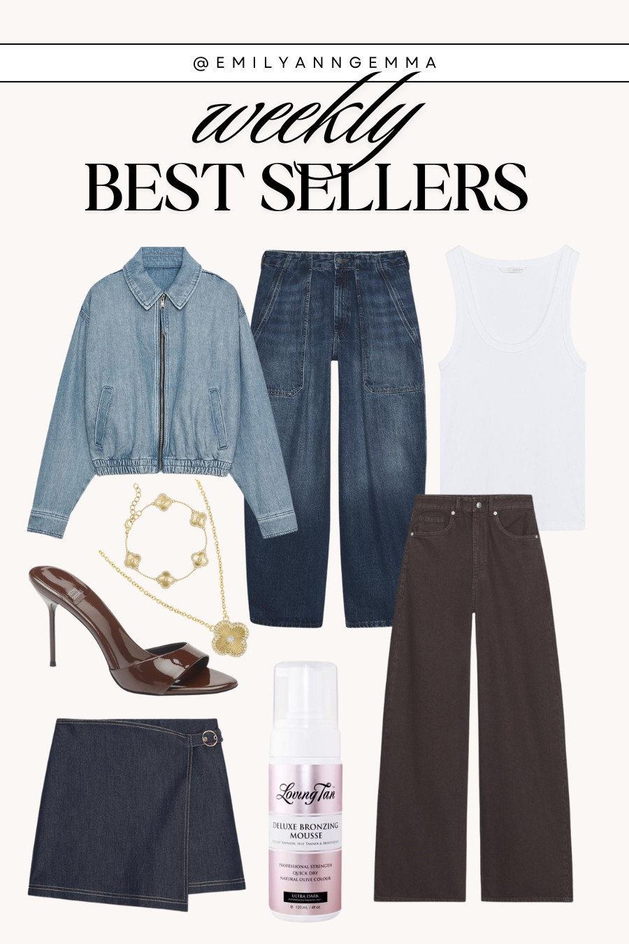 Weekly best sellers! My top Zara finds including a denim jacket, white tank and jeans, an Electric Picks jewelry set, brown patent heels, a wrap skirt, and Loving Tan self tanner. 

 #LTKFindsUnder100 #LTKStyleTip #LTKBeauty