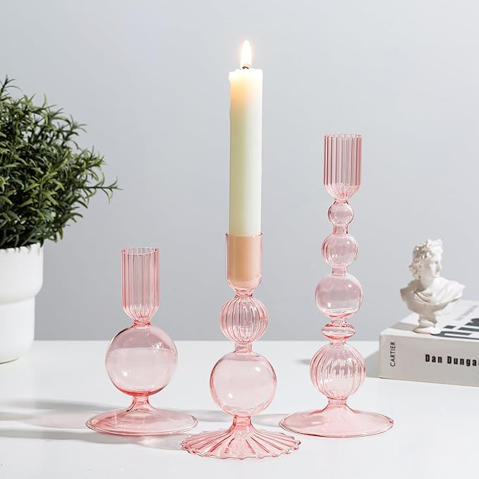 Glasseam Pink Glass Candlestick Holder: Unique Candle Holders Set of 3 Modern Taper Candle Holder... | Amazon (US)