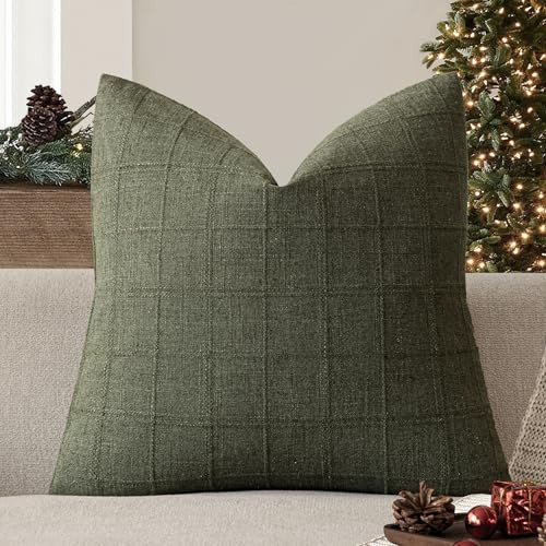 Foindtower Set of 1 Decorative Linen Check Throw Pillow Cover Neutral Farmhouse Vintage Cushion Cover Modern Boho Home Decor for Sofa Chair Couch Bedroom Living Room,16×16 Inch,Olive Green | Amazon (US)