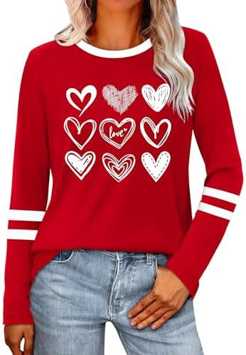 Valentines Shirts for Women: Love Heart Graphic Tee Shirt Valentines Gift T-Shirt Casual Long Sle... | Amazon (US)