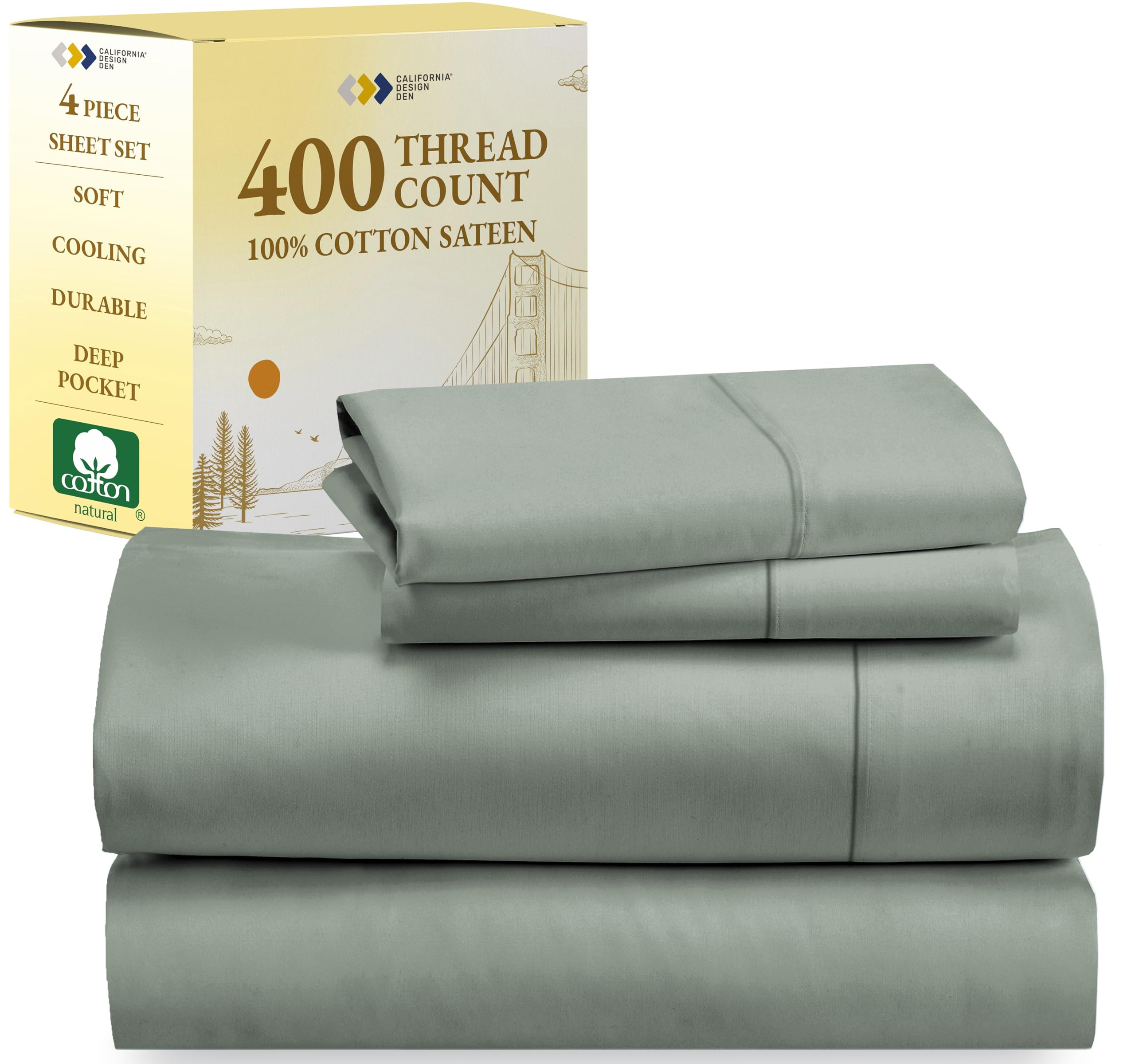 California Design Den Queen Sheet Set - Soft 400 Thread Count Sateen, Natural 100% Cotton Sheets,... | Amazon (US)