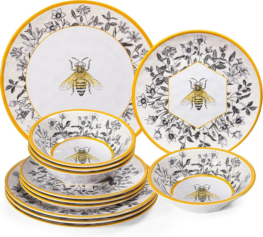 LEHAHA Honeycomb Bee Sweet 12-Piece Melamine Dinnerware Set,Melamine Dishes Set of 4, Lightweight... | Amazon (US)