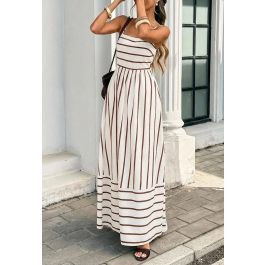 Two-Tone Striped Cutout Back Cami Maxi Dress in Brown for City Strolls & Coastal Vacations | Chicwish